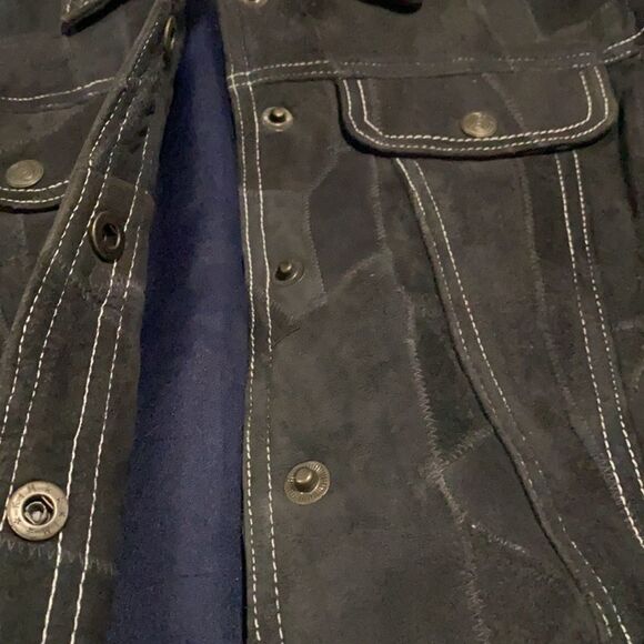 magazine genuine suede patch work croped size L black leather jacket - Picture 4 of 10